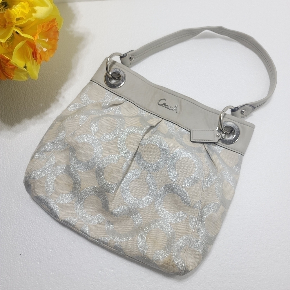 Coach women Signature Handbag Silver and Gray